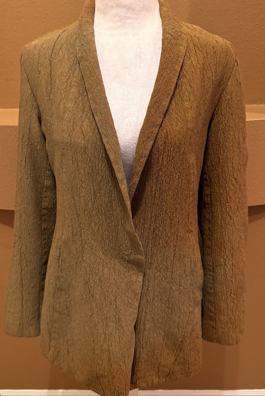 Eileen Fisher Textured Thin Blazer Women’s Gold Crinkled Wool Blend Size S